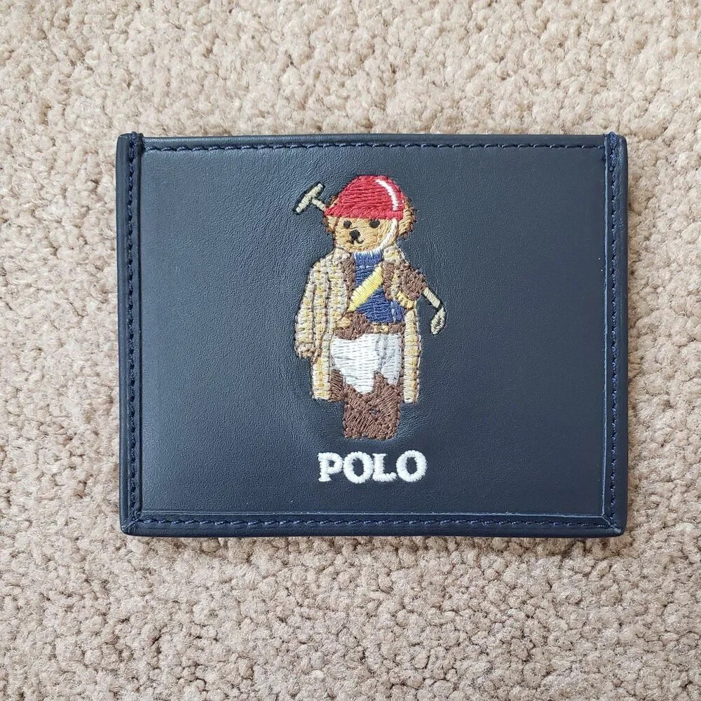 NWT Polo Ralph Lauren Golf Polo Bear Newport Navy Leather Card Case Embroidered